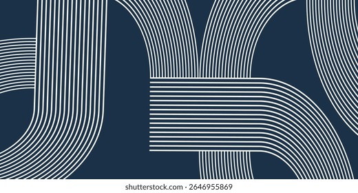 Elegant abstract golden geometric lines on dark blue background. Glowing gold circle lines pattern. Modern design element. Luxury style. Vector illustration