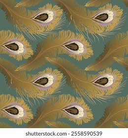 Elegant abstract gradient gold peacock feathers on a muted green neutral background. Rich muted tones add luxury and sophistication. Horizontal geometric vector pattern. Gender neutral.