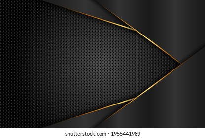 Elegant abstract gray and gold triangular shapes overlapped with multiple layers with golden lines on a dark steel mesh background. Sports technology innovation concept
