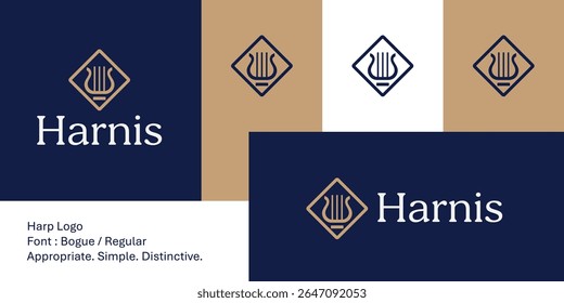 Elegant abstract harp logo with geometric frame for music or arts. A minimal and refined icon inspired by a classical harp, enclosed in a stylized diamond shape.