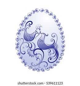 Elegant abstract holiday composition. Happy Easter or Saint Valentine's Day greeting card. Romantic style. Love wishing icon. Fancy Easter egg decoration. Luxury hand drown birds couple image. EPS 10.