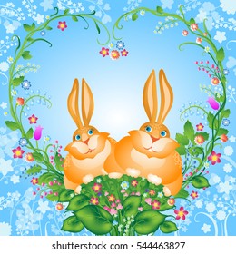 Elegant abstract holiday composition. Happy Easter or Saint Valentine's Day greeting card. Romantic style. Love wishing icon. Fancy Easter egg decoration. Luxury hand drown hare couple image. EPS 10.