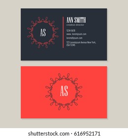 Elegant  abstract line art Logo Design with template business card for creative director. Visual identity for jewelry shop, cosmetics packaging, beauty and spa studios, flower shop.