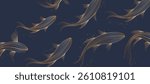 Elegant abstract line art on light background. Luxury hand drawn with gold line koi fish. Shining lines design for wallpaper, banner, prints, covers, wall art, home decor.
