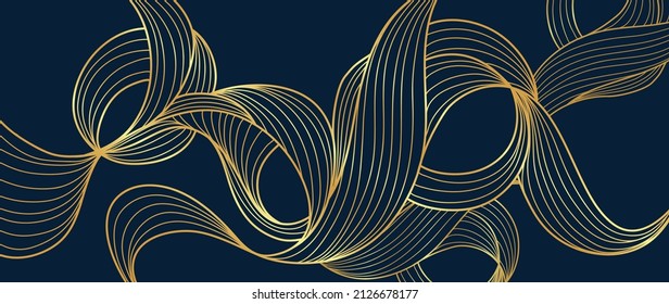 Elegant abstract line art on dark blue background. Luxury hand drawn and golden texture with gold wavy line. Shining wave line design for wallpaper, banner, prints, covers, wall art, home decor.