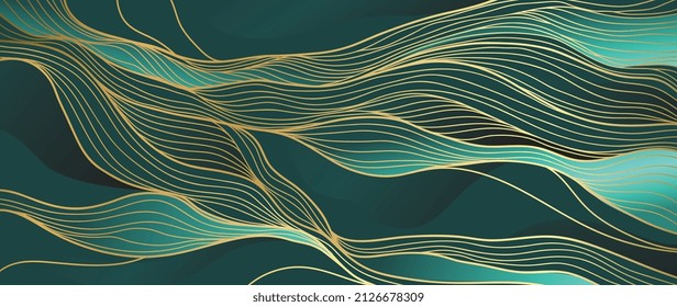 Elegante línea abstracta de fondo verde oscuro. Lujo de textura dorada y a mano con línea ondulada de oro. Diseño de líneas onduladas para papel pintado, banner, estampados, cubiertas, arte mural, decoración casera.