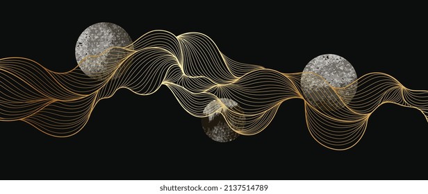 Elegant abstract line art on dark background. Luxury hand drawn with gold wavy line and watercolor circle shape. Shining wave line design for wallpaper, banner, prints, covers, wall art, home decor.
