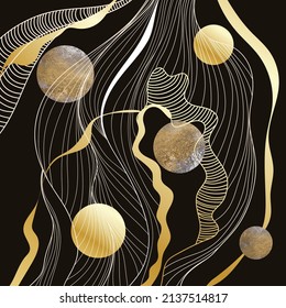 Elegant abstract line art on dark background. Luxury hand drawn with gold wavy line and foil circle shape. Shining wave line design for wallpaper, banner, prints, covers, wall art, home decor.