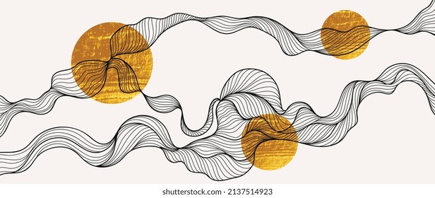 Elegant abstract line art on white background. Luxury hand drawn with black wavy line and gold foil circle shapes. Wave line design for wallpaper, banner, prints, covers, wall art, home decor.