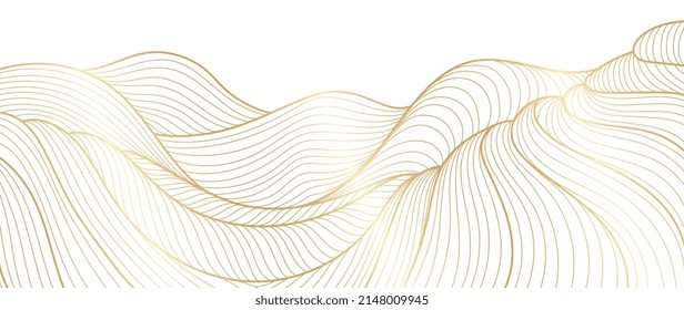 Elegant abstract line art on white background. Luxury hand drawn mountain with golden texture and gold wavy line. Shining wave line design for wallpaper, banner, prints, covers, wall art, home decor.