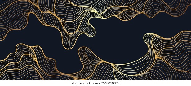 Elegant abstract line art on black background. Luxury hand drawn and golden texture with gold wavy line. Shining wave line design for wallpaper, banner, prints, covers, wall art, home decor.