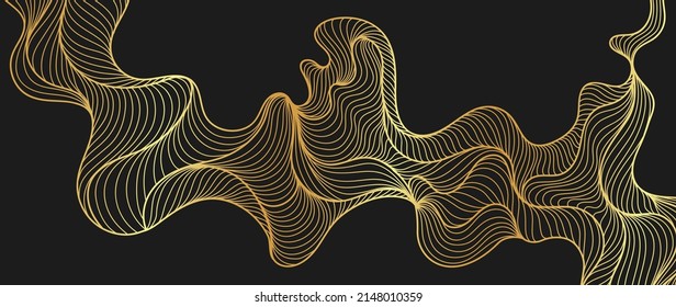 Elegant abstract line art on black background. Luxury hand drawn and golden texture with gold wavy line. Shining wave line design for wallpaper, banner, prints, covers, wall art, home decor.