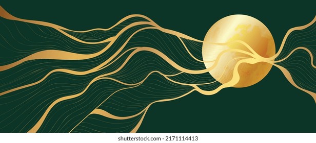 Elegant abstract line art on dark background. Luxury hand drawn with gold wavy line and foil circle shape. Shining wave line design for wallpaper, banner, prints, covers, wall art, home decor.