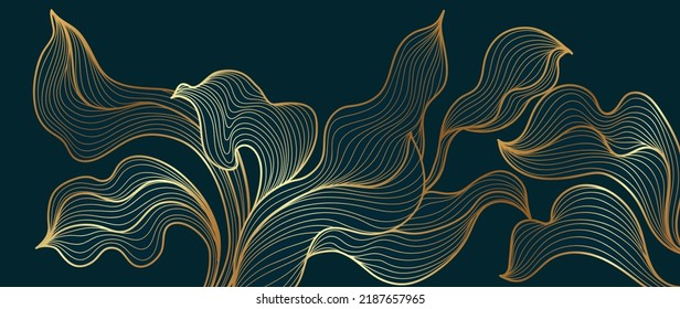 Elegant abstract line art on dark green background. Luxury hand drawn with gold wavy line, leaf, foliage. Shining wave line design for wallpaper, banner, prints, covers, wall art, home decor.