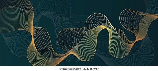 Elegant abstract line art on dark green background. Luxury hand drawn with gold wavy line and abstract shapes. Shining wave line design for wallpaper, banner, prints, covers, wall art, home decor.