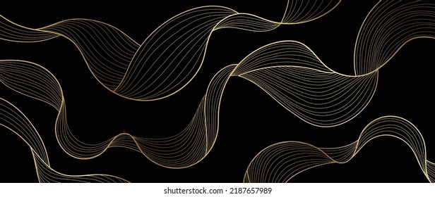 Arte de línea abstracta elegante sobre fondo oscuro. Lujo con líneas onduladas doradas y formas abstractas. Diseño de líneas onduladas para papel pintado, banner, estampados, cubiertas, arte mural, decoración casera.