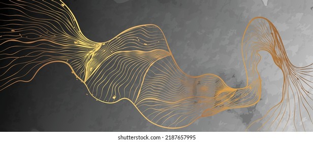 Elegant abstract line art on watercolor background. Luxury hand drawn with gold wavy line and abstract shapes. Shining wave line design for wallpaper, banner, prints, covers, wall art, home decor.