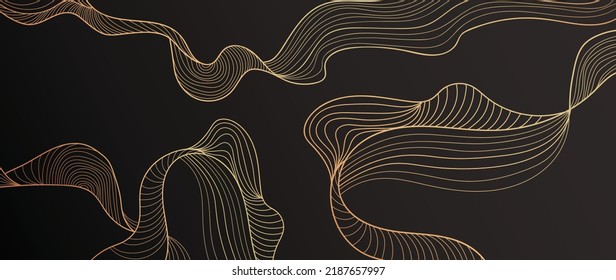 Elegant abstract line art on dark background. Luxury hand drawn with gold wavy line and abstract shapes. Shining wave line design for wallpaper, banner, prints, covers, wall art, home decor.