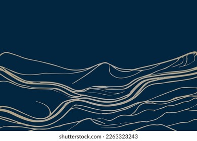 Elegant abstract line art on blue background. Luxury hand drawn mountain and river with gold texture, wavy line. Shining wave line design for wallpaper, banner, prints, covers, wall art, home decor.