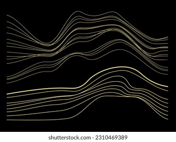 Elegant abstract line art on a black background. Luxurious hand-drawn elements with a golden texture and wavy gold lines. A dazzling wave line design suitable for wallpapers, banners, prints.