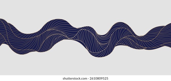 Elegant abstract line art on white background. Luxury hand drawn with gold wavy line. Shining wave line design for wallpaper, banner, print, cover, wall art, home decor, package.
