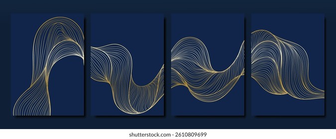 Elegant abstract line art on navy blue card background set. Luxury hand drawn with gold wavy line. Shining wave line design for wallpaper, banner, print, cover, wall art, home decor, package.