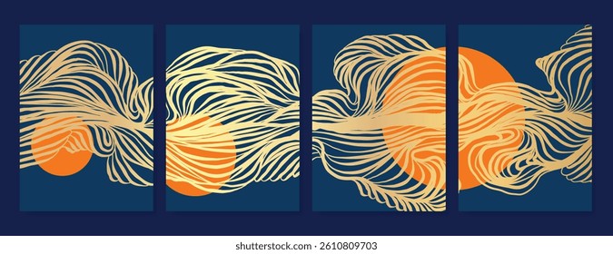 Elegant abstract line art on white card background set. Luxury hand drawn with gold wavy line. Shining wave line design for wallpaper, banner, print, cover, wall art, home decor, package.