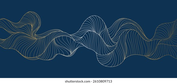 Elegant abstract line art on navy blue background. Luxury hand drawn with gold wavy line. Shining wave line design for wallpaper, banner, print, cover, wall art, home decor, package.