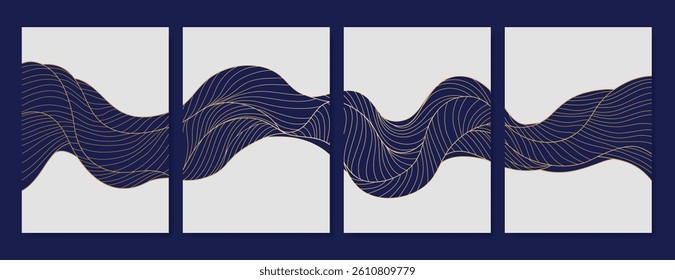 Elegant abstract line art on navy blue card background set. Luxury hand drawn with gold wavy line. Shining wave line design for wallpaper, banner, print, cover, wall art, home decor, package.