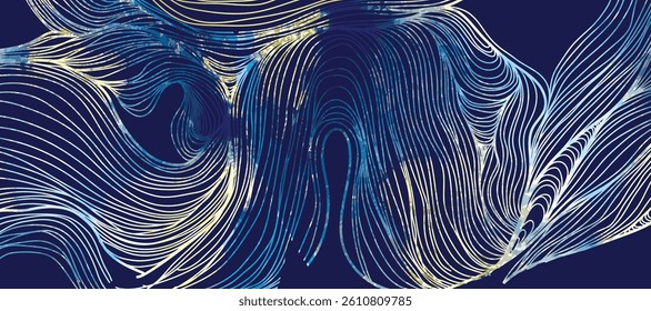Elegant abstract line art on navy blue background. Luxury hand drawn with gold wavy line. Shining wave line design for wallpaper, banner, print, cover, wall art, home decor, package.