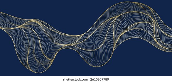 Elegant abstract line art on navy blue background. Luxury hand drawn with gold wavy line. Shining wave line design for wallpaper, banner, print, cover, wall art, home decor, package.
