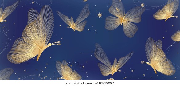 Elegant abstract line art on navy blue background. Luxury hand drawn with gold line butterfly. Shining lines design for wallpaper, banner, prints, covers, wall art, home decor.