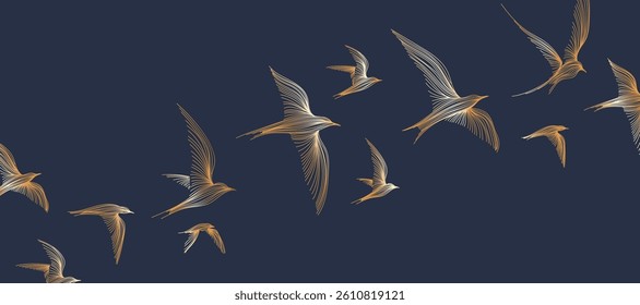 Elegant abstract line art on navy blue background. Luxury hand drawn with gold line crane bird. Shining lines design for wallpaper, banner, prints, covers, wall art, home decor.