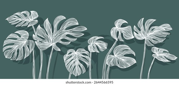 Elegant abstract line art on green background. Luxury hand drawn with white line lotus flower. Shining lines design for wallpaper, banner, prints, covers, wall art, home decor.