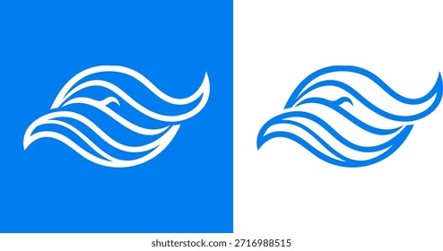 Elegante design de logotipo abstrato com um pássaro em voo gracioso, perfeitamente integrado em formas de ondas fluidas, perfeito para identidade visual e de marca em várias plataformas