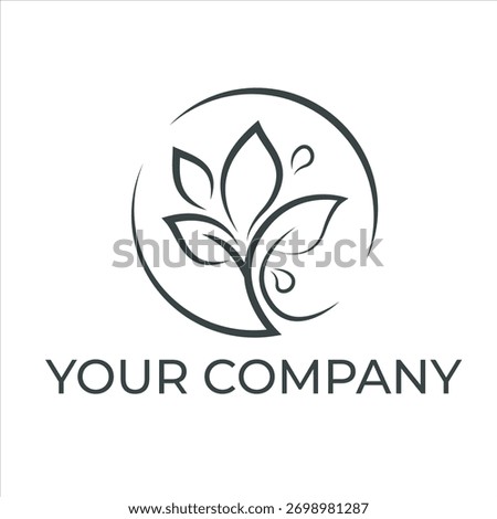 An elegant abstract logo design featuring a stylized plant with leaves and water droplets enclosed in a circle, suitable for organic products or wellness brands.