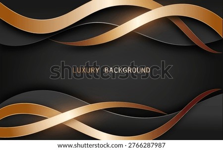 Elegant abstract luxury background with smooth flowing gold ribbons layered over a deep black and charcoal backdrop. Vector illustration