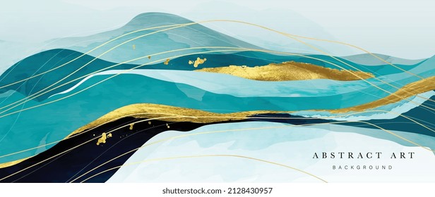 Elegant abstract mountain background. Watercolor wallpaper with gold wavy lines, hill, sky and dark blue color. Luxury in blue tone design for banner, covers, wall art, home decor and invitation.