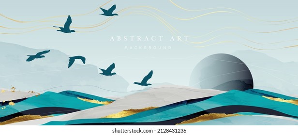 Elegant Abstract Mountain Background. Watercolor Wallpaper With Gold Wavy Lines, Hill, Sun And Flying Birds. Luxury In Blue Tone Design For Banner, Covers, Wall Art, Home Decor And Invitation.