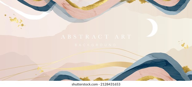 Elegant abstract mountain background. Watercolor wallpaper with gold wavy lines, hill, moon and blue color. Luxury in rose gold tone design for banner, covers, wall art, home decor and invitation.