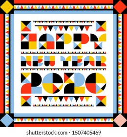 Elegant abstract numbers 2020 and Happy New Year greetings with multicolored flags and garlands. Wonderful vector illustration for greeting card, holiday calendar, book or brochure