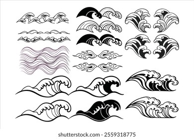 Elegant abstract ocean wave designs in black and white line art. Perfect for modern decor, prints, and creative projects. Includes a stylish set of minimal, coastal-inspired illustrations.