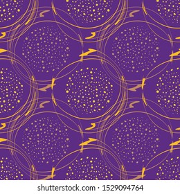 Elegant abstract overlapping gold brush stroke circles with dot fill. Seamless vector pattern on purple background. Ideal for modern luxury products, Christmas, giftwrap, scrapbooking, packaging