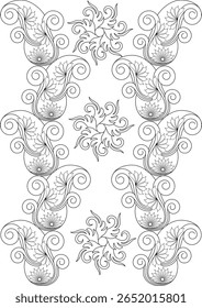 Ilustración de arte de línea de patrón de Paisley Abstractas elegante. Adorno decorativo blanco y negro con remolinos y motivos florales para el diseño textil, fondos o libros y Páginas para colorear.