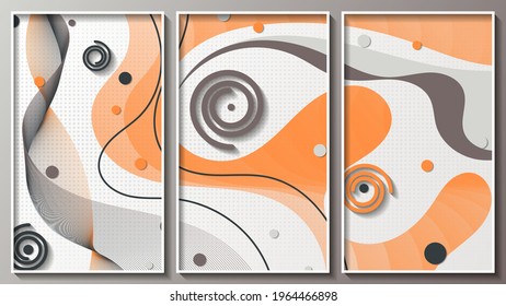 elegant abstract panel of three images in white frames. intertwining thin lines, translucent shapes with wavy edges, flowing stripes, spirals and circles of different sizes. vector 