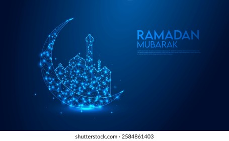 Elegant Abstract Ramadan Background with Blue Geometric Patterns, Crescent Moon, and Shining Stars – Futuristic Digital Islamic Vector Illustration for Eid Celebration, Midnight Sky, and Spiritual Fes