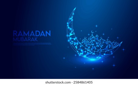 Elegant Abstract Ramadan Background with Blue Geometric Patterns, Crescent Moon, and Shining Stars – Futuristic Digital Islamic Vector Illustration for Eid Celebration, Midnight Sky, and Spiritual Fes