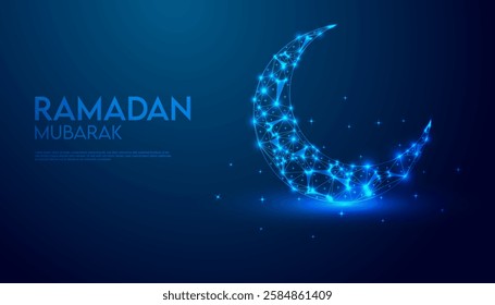 Elegant Abstract Ramadan Background with Blue Geometric Patterns, Crescent Moon, and Shining Stars – Futuristic Digital Islamic Vector Illustration for Eid Celebration, Midnight Sky, and Spiritual Fes