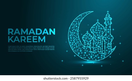 Elegant Abstract Ramadan Background with Blue Geometric Patterns, Crescent Moon, and Shining Stars – Futuristic Digital Islamic Vector Illustration for Eid Celebration, Midnight Sky, and Spiritual Fes