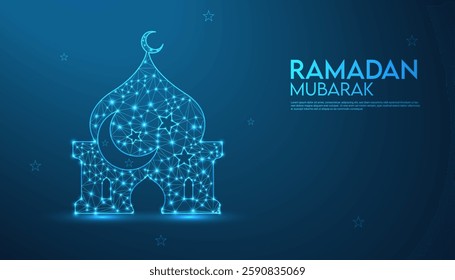 Elegant Abstract Ramadan Background with Blue Geometric Patterns, Crescent Moon, and Shining Stars – Futuristic Digital Islamic Vector Illustration for Eid Celebration, Midnight Sky, and Spiritual Fes